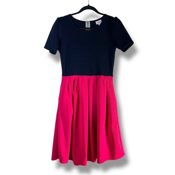 LuLaRoe Dresses & Skirts - Lularoe Amelia Womens Sz Small Dress Pink Blue Color Block Pockets Textured Work